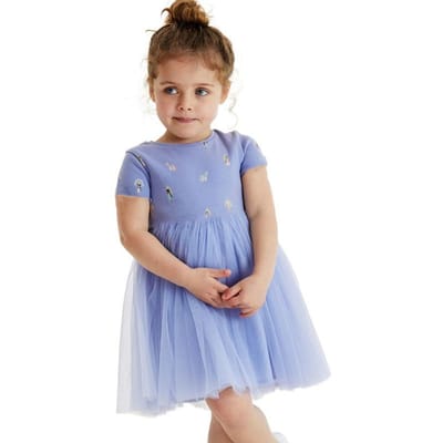 Meisjesjurk Zomer Nieuwe Stijl Europees en Amerikaans Kinderen Casual Ronde Hals Korte Mouwen Stijl Bedrukte Mesh Prinsessenjurk 130cm gray