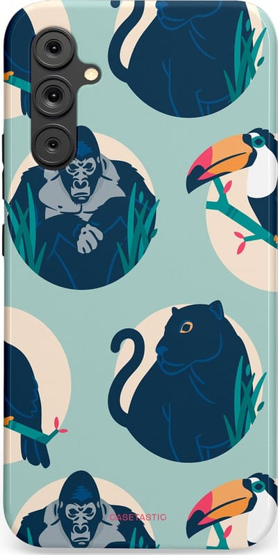 Casetastic hoesje geschikt voor Samsung Galaxy A34 (2023) 5G - Dubbellaagse bescherming - Wilde Dieren Mix - Fashion Case - Lichtgrijs Donkerblauw Crème Donkergrijs
