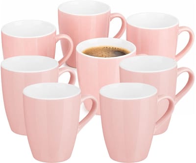 Vessia Design koffie mokken / bekers met oor - 16x stuks - lichtroze - keramiek - 410 ml - servies - kopjes