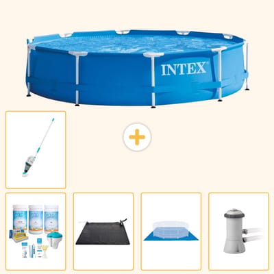 Intex Rond Frame Zwembad - 366 x 76 cm - Blauw - Inclusief Onderhoudspakket - Solar Mat - Grondzeil - Zwembadfilterpomp - Stofzuiger - 6-delig