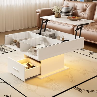 MODENUIT Salontafel - In Hoogte Verstelbaar Met LED En Opbergruimte - Voor Woonkamer - Wit - 78x78x45,5/59,5 Cm