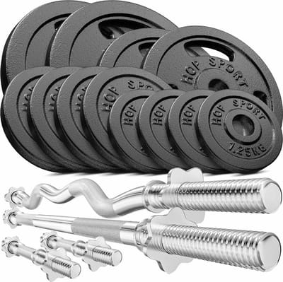 Hop-Sport – Halterset 66 kg – Lange halter 167 cm – SZ curlstang – 2 korte halters – 12 gietijzeren halterschijven 30 mm