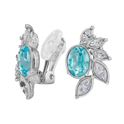 Traveller Clip Oorbellen - Oorclips Dames - Zilverkleurig - Kristallen - Preciosa Crystals - Blauw Aqua Bohemica & Transparant - Geplatineerd - Bloem - 20 x 12 mm - 157781