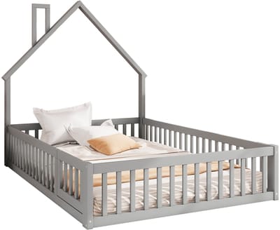 Merax Kinderbed Tweepersoonsbed in Huisvorm met Schoorsteen - 140x200 cm - Bed met Veiligheidshekken - Grijs
