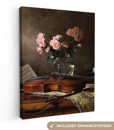 Canvas schilderij 30x40 cm - Wanddecoratie Viool - Rozen - Roze - Bloemen - Stilleven - Muurdecoratie woonkamer - Slaapkamer decoratie - Kamer accessoires - Schilderijen op canvas