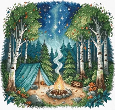 Borduurpakket AVA Stitch - Camp in the Forest - Kamp in het Bos - witte stof