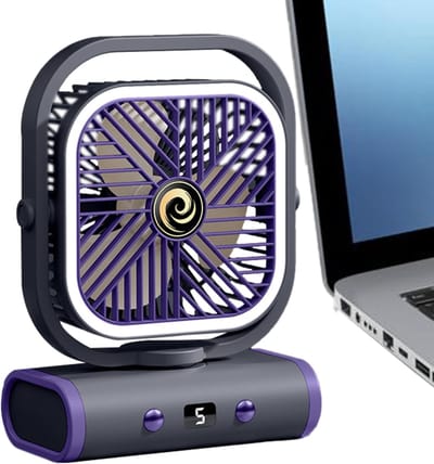 Bureauventilator – Compact & Stil – USB-oplaadbaar – Met nachtlampje – 9,47 x 7,09 x 3,8 inch – Verstelbare hoek – Zwart – Ideaal voor slaapkamers, studentenkamers en kantoren