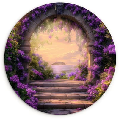 WallCircle® Wandcirkel 120x120 cm - Muurcirkel Poort - Paars - Bloemen - Muurdecoratie woonkamer - Wanddecoratie slaapkamer - Kamer decoratie accessoires - Ronde schilderijen XXL