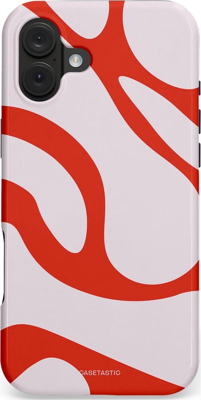Casetastic hoesje geschikt voor Apple iPhone 16 Plus - MagSafe - Dubbellaagse bescherming - Oranje Witte Pebbel Stenen - Fashion Case - Lichtgrijs Rood