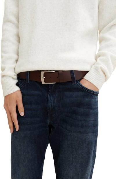 Tom Tailor - TTANDREW leren riem met vierkante gesp - Maat 80 - brown uni