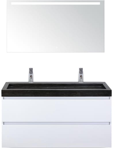 Maxx XL Badmeubelset 120 cm - Wit Hoogglans - Wastafel Lucca Enkel 2 Kraangaten met LED Spiegel