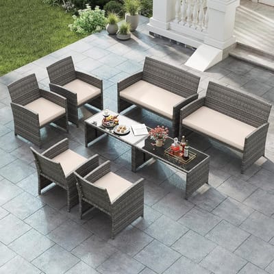 Tuinmeubelset 4-delig 107 x 63 x 78 cm – Polyrotan Loungeset met 2 Stoelen, Tweezitsbank en Glazen Tafel – Balkon & Terras Meubels met Kussens – grijis Beige – Urbanhome