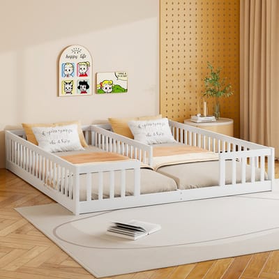 Wishdor – Kinderbed 2x 90x200 cm – Veiligheidshek Rondom – Lage Vloeropstelling – Grenenhout Wit