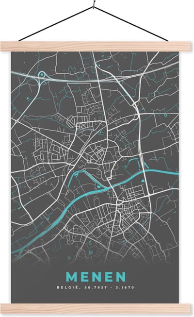 Posterhanger incl. Poster 40x60 cm - Schoolplaat - België – Menen – Stadskaart – Kaart – Blauw – Plattegrond - Textielposter - Blanke latten - Stadskaart