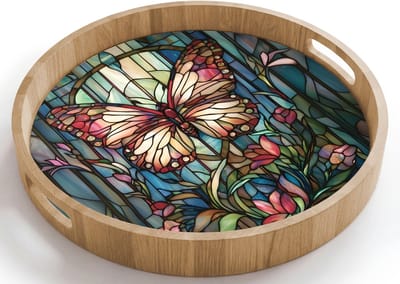 Dienblad rond 40x40 cm - Schootdienblad hout - Vlinder - Roze - Bloemen - Bladeren - Borrelplank rechthoek - Plateau houten dienbladen