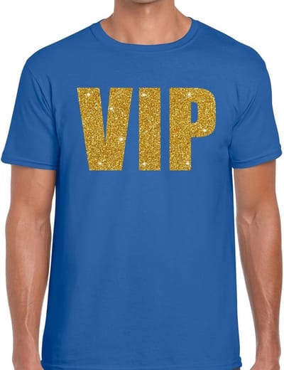 VIP tekst T-shirt - gouden glitter letters - blauw - voor heren - Glitter and Glamour thema S