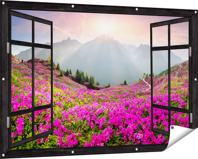 Gards Tuinposter Doorkijk Rhododendron Bloemenveld in de Alpen - 150x100 cm - Tuindoek - Tuindecoratie - Wanddecoratie buiten - Tuinschilderij