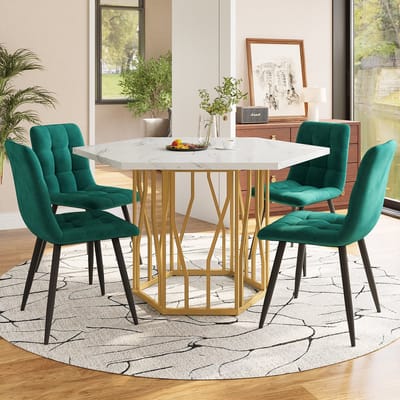 MODFU - Eettafel - Zeshoekig Ontwerp - Marmerlook - Modern - MDF En Staal - Wit En Goudkleurig - 115,5 x 100 x 75 cm