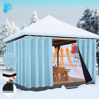 MUPOO Waterdicht Winddicht Deurgordijn - Thermisch Isolerend 405gsm - Verduisterend - Warmte & Koudwerend - Oogjes & Stangzak - Gewatteerd - voor Lakeside Cottages, Balkon, Thuis, Pergola(Blauw, B132xH213cm)