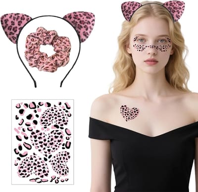 Leopard Print Oren Hoofdband met Gezichtsstickers en Haarbanden, Schattige Accessoires voor Feestjes en Kostuums, Dierenlook en Mode