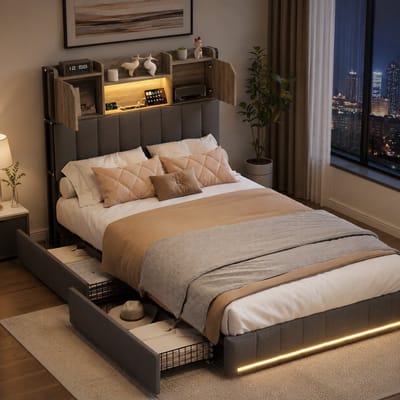 Eenpersoonsbed 90x200 cm, led- en usb-aansluiting, met opberglades, Gestoffeerd eenpersoonsbed met lattenbodem, Opbergbed, eenpersoonsbedframe - voor kinderen en tieners - Grijs linnen