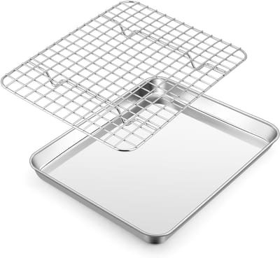 Baking tray met koelrek set van roestvrij staal, klein en rechthoekig, ideaal voor bakken, braden en serveren, 26.5 x 20.5 x 2.5 cm, gezond en vaatwasserbestendig, perfect voor thuisgebruik