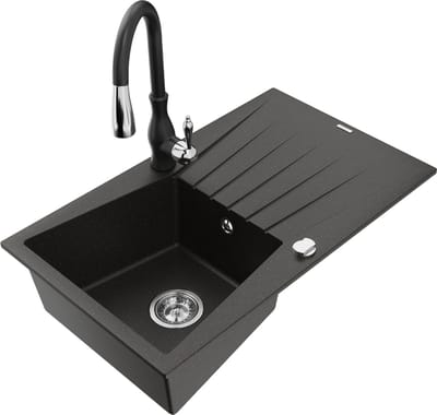 Mexen Cesar granit gootsteen met een enkele bak en afdruiprek met Savita keukenkraan, zwart/goud metallic - 6514-75-672601-70