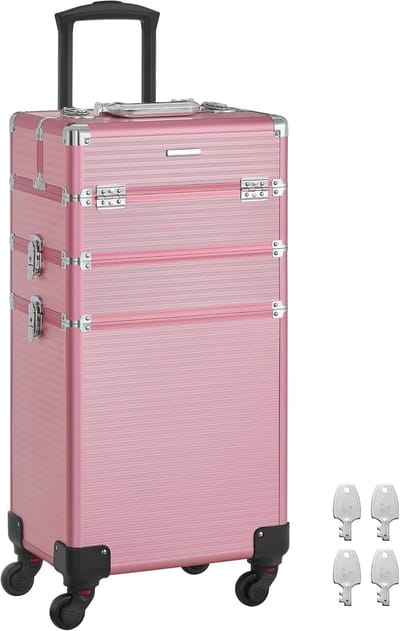 Cosmeticakoffer, grote trolley, met wielen, professioneel, make-up koffer leeg, beautycase, make-up koffer, 4 universele wielen, voor reizen en werk,pastelroze, HMTM-BC-30021-PINK