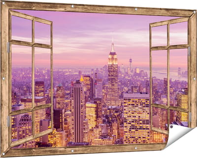 Gards Tuinposter Doorkijk New York Skyline met Lichten bij Zonsondergang - 150x100 cm - Tuindoek - Tuindecoratie - Wanddecoratie buiten - Tuinschilderij