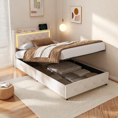 Rosahqnda Kinderbed 90x200cm, gestoffeerd bed met ledverlichting, usb-poort en opbergruimte, eenpersoonsbed, lattenbodem, beige fluweel