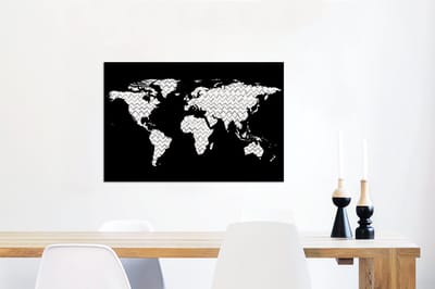 Aluminium schilderij 90x60 cm - Wanddecoratie metaal - Wereldkaart - Wit - Grijs - Metalen muurdecoratie woonkamer - Decoratie industrieel - Foto op dibond - Industriële accessoires slaapkamer