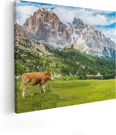 Artaza Canvas Schilderij Koe - 100x80 cm - Groot - Wanddecoratie Bergen - Muurdecoratie Natuur - Schilderijen Op Canvas Landschap
