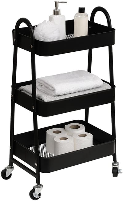 Tendance Keuken/badkamer trolley 3 laags - 43 x 31 x 79 cm - zwart - metaal - met wielen - handig opbergen