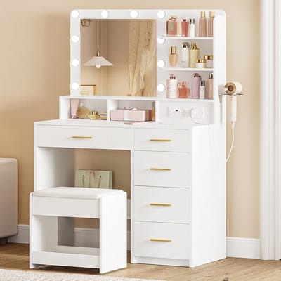 Luxe LED Kaptafel met Spiegel, Stopcontacten, Föhnhouder en Opberglades – 40 x 90 x 139 cm