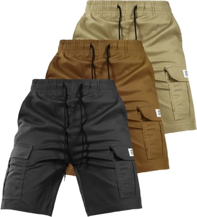 Livano Korte Broek Heren - Cargobroek - Spijkerbroek - met Zakken - Volwassenen - Jongens - Shorts - 3 Pcs - Zwart/Bruin/Khaki - Maat XXS