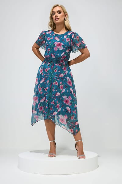 Yours London Tealblauwe Jurk Met Bloemenprint En Ruchezoom Size 44
