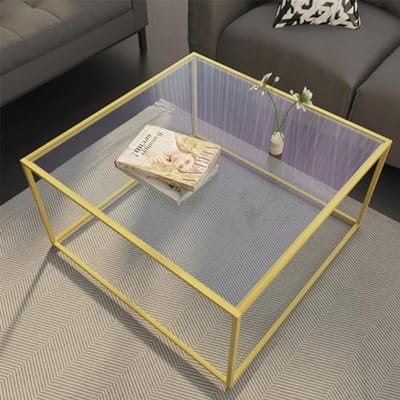 Moderne vierkante salontafel van gehard glas met metalen frame - 26,4 x 26,4 x 15,7 inch