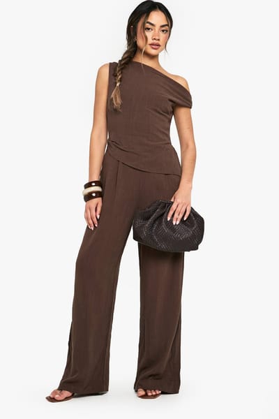 boohoo Dames Linnen Look Twist Strap Jumpsuit | Chocoladebruin | Maat: 40