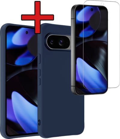 Hoesje - Met Screenprotector - Geschikt voor Google Pixel 9 - Sterk & Shockproof - Telefoon Hoes - Back Cover - Siliconen Case - Telefoonhoes - Donkerblauw