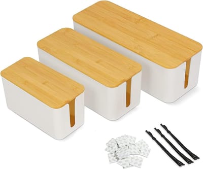 Set van 3 kabeldozen in wit met houten deksel voor het verbergen van kabels, ideale kabelbeheeroplossing met binddraden en dubbelzijdige stickers