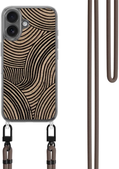 Casimoda® hoesje met bruin koord - Geschikt voor iPhone 17 - Ebony Waves - Afneembaar koord - TPU/polycarbonaat - Bruin/beige