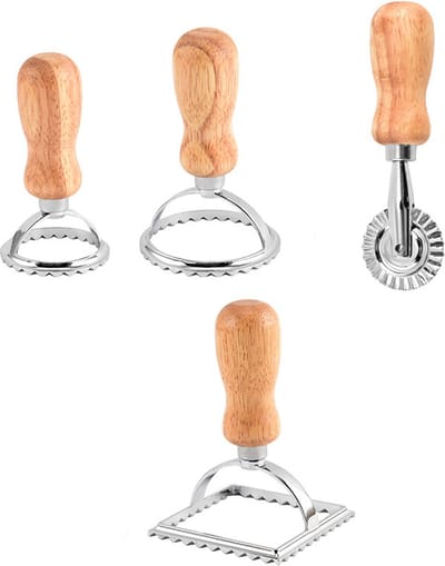 set van 4 raviolisnijders - Raviolimakers met houten handvat - Set van 3 vormsnijders en 1 pastawiel voor het snijden van zelfgemaakte ravioli