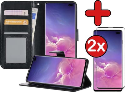 Hoesje - Met 2x Screenprotector - Geschikt voor Samsung Galaxy S10 - Luxe Pasjeshouder - Flip Case - Bookcase Portemonee - Kunstleer Book Case - Flipcase Hoes - Book Cover - Walletcase - Portemonneehoes - Telefoonhoes - Zwart