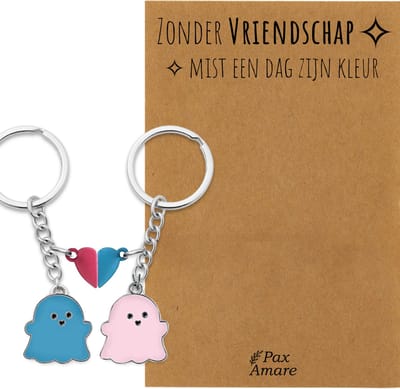 BFF Sleutelhanger voor 2 'Zonder Vriendschap mist een dag zijn kleur' - Spookjes + Magnetisch Hartje - Sleutelhanger set op Cadeau Kaartje - Zilverkleurig - Vriendschap Symbool - Pax Amare