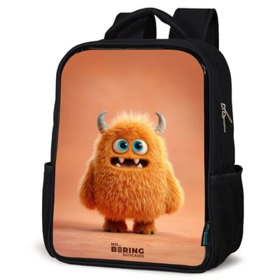 NoBoringSuitcases.com® - Rugzak zwart - Schooltas jongen & meisje - Oranje Pluizig Monster met Hoorns - Rugtas voor school - Boekentas kind - Schoolrugzak - Kinderrugzak