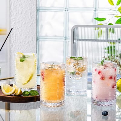 Vintage cocktailglazen - set van 4, 350 ml drinkglazenset glazen beker, esthetische spullen schoon waterglas met reliëf, glas voor drankjes, koffie, whisky, thee, bar, feest (7,2 x 12,5