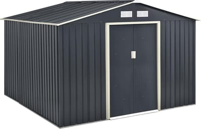 Juskys XXL Metalen Tuinhuis – 282 x 314 x 190 cm – Fundamentframe - Dubbele Schuifdeur – Voor Tuingereedschap En Fietsen – Antraciet Verzinkt Staal