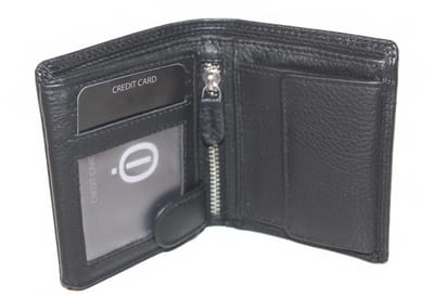 OI zwarte compacte leren portemonnee / kleine hoog model billfold / beurs voor 10 pasjes anti‑skim / zwart leer / 105