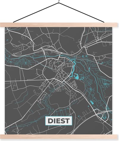 Posterhanger incl. Poster 40x40 cm - Schoolplaat - Stadskaart – Grijs - Kaart – Diest – België – Plattegrond - Textielposter - Blanke latten - Stadskaart