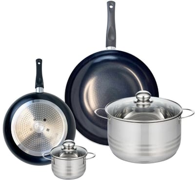 Set van 2 Koekenpannen 24 en 32 cm en 2 Kookpotten 12 en 24 cm Elo Prima Glanzend